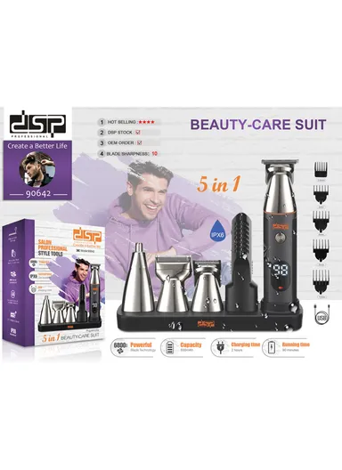 5W 600mAh 5-In-1 Rechargeable Lithium Battery IPX6 Stainless Steel Grooming Set For Body Face Nose &amp; Ear With Built-In LED Display 90642