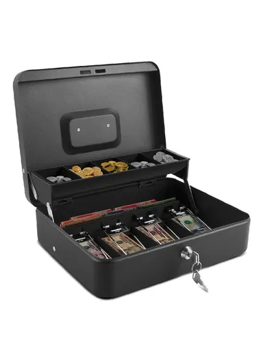 Money Safe Metal Cashier Box With 2 Keys (W30 x D24 x H9)cm - Black