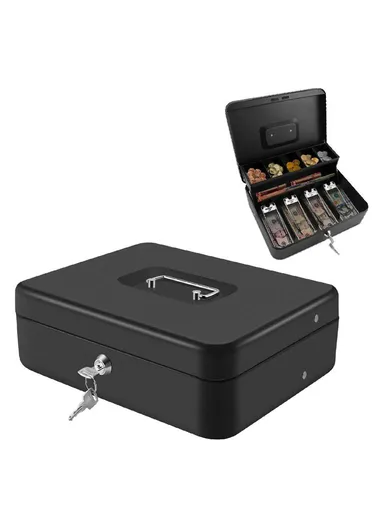 Money Safe Metal Cashier Box With 2 Keys (W30 x D24 x H9)cm - Black