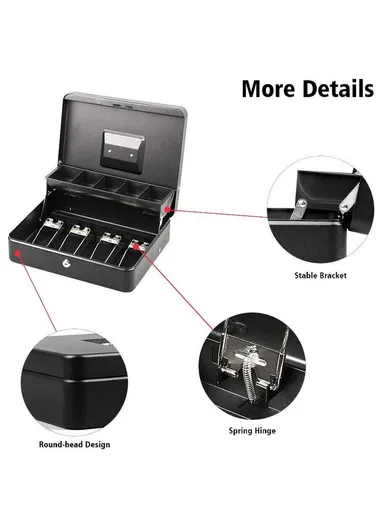 Money Safe Metal Cashier Box With 2 Keys (W30 x D24 x H9)cm - Black
