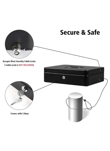 Money Safe Metal Cashier Box With 2 Keys (W30 x D24 x H9)cm - Black