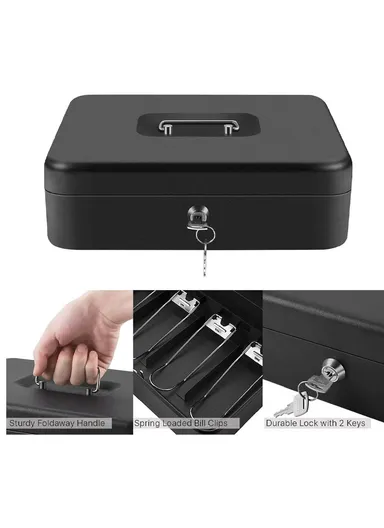 Money Safe Metal Cashier Box With 2 Keys (W30 x D24 x H9)cm - Black