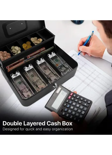 Money Safe Metal Cashier Box With 2 Keys (W30 x D24 x H9)cm - Black