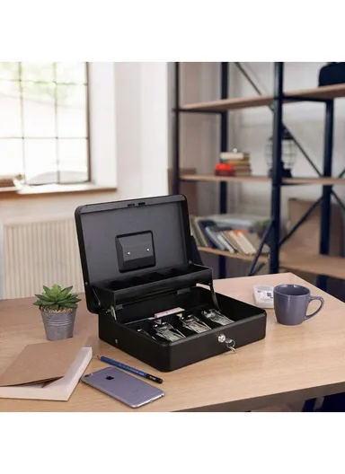 Money Safe Metal Cashier Box With 2 Keys (W30 x D24 x H9)cm - Black