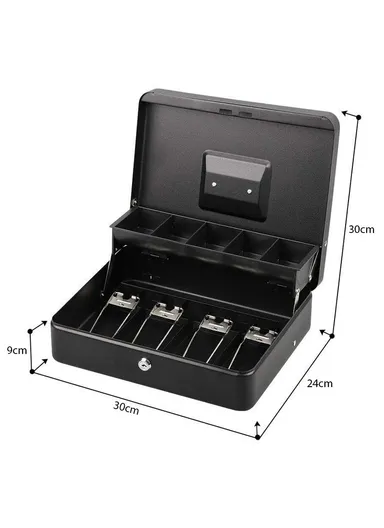 Money Safe Metal Cashier Box With 2 Keys (W30 x D24 x H9)cm - Black