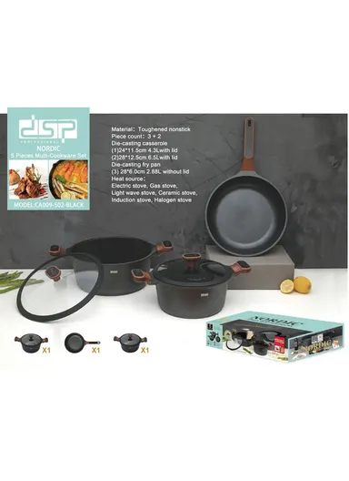 5 Pcs 24/28cm Casserole &amp; 28cm Frypan Toughened Nonstick Multi-Cookware Set With 2 Lids CA009-S02 