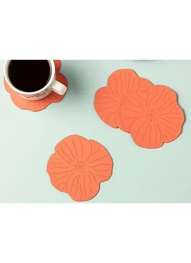4 Pieces Blossom Artificial Leather Coaster Set 10 Cm - Light Pink
