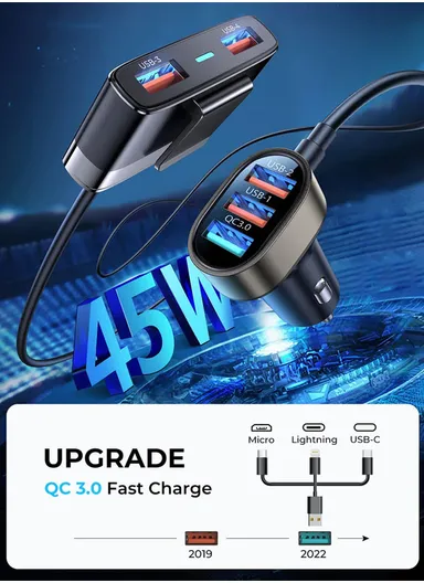 1.5m 45W 5-Port Fast Car Charger With Cable JR-CL03 Pro