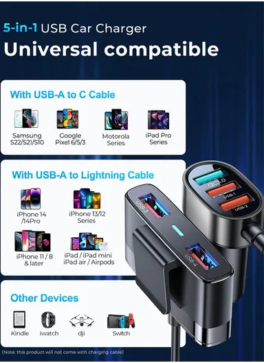 1.5m 45W 5-Port Fast Car Charger With Cable JR-CL03 Pro