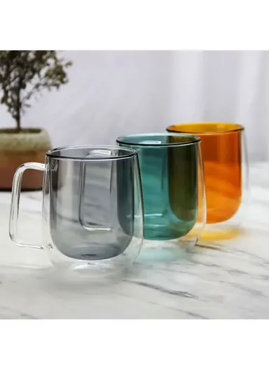 275ml Drinking Black Double Glass Cup With Handle