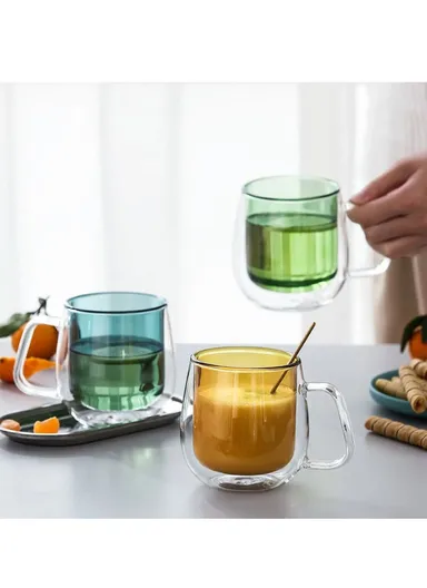 275ml Drinking Black Double Glass Cup With Handle