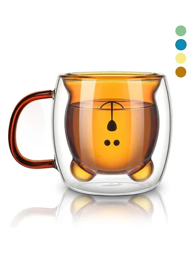 250ml Yellow Drinking Double Glass Cartoon Bear Shape Cup For Espresso, Tea &amp; Coffee With Handle 