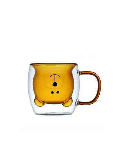 250ml Yellow Drinking Double Glass Cartoon Bear Shape Cup For Espresso, Tea &amp; Coffee With Handle 