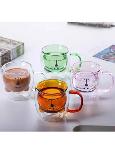 250ml Yellow Drinking Double Glass Cartoon Bear Shape Cup For Espresso, Tea &amp; Coffee With Handle 