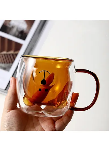250ml Yellow Drinking Double Glass Cartoon Bear Shape Cup For Espresso, Tea &amp; Coffee With Handle 