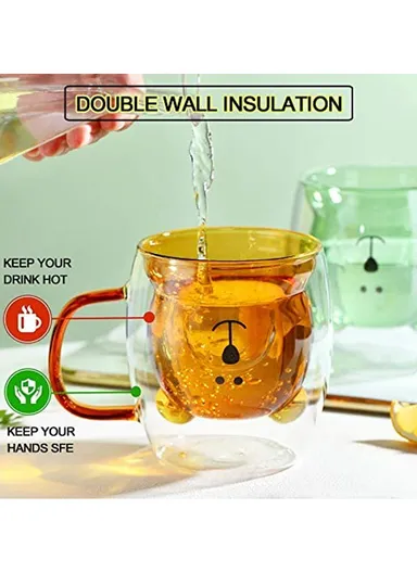 250ml Yellow Drinking Double Glass Cartoon Bear Shape Cup For Espresso, Tea &amp; Coffee With Handle 
