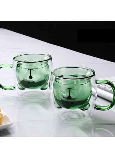 250ml Yellow Drinking Double Glass Cartoon Bear Shape Cup For Espresso, Tea &amp; Coffee With Handle 