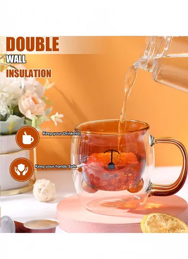 250ml Yellow Drinking Double Glass Cartoon Bear Shape Cup For Espresso, Tea &amp; Coffee With Handle 