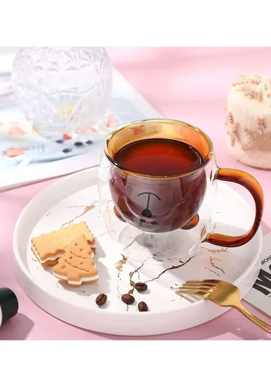 250ml Yellow Drinking Double Glass Cartoon Bear Shape Cup For Espresso, Tea &amp; Coffee With Handle 