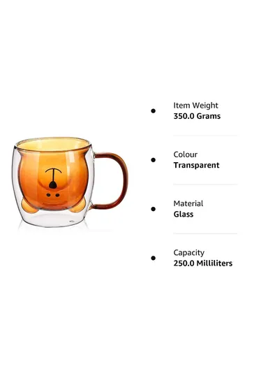 250ml Yellow Drinking Double Glass Cartoon Bear Shape Cup For Espresso, Tea &amp; Coffee With Handle 