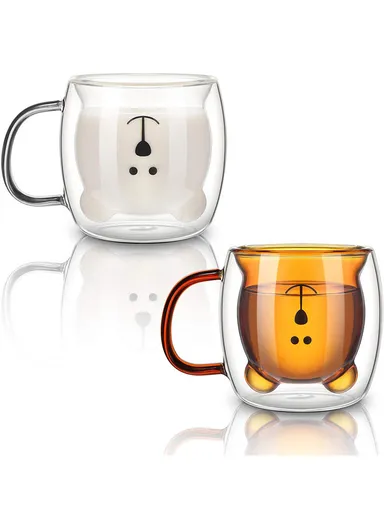 250ml Yellow Drinking Double Glass Cartoon Bear Shape Cup For Espresso, Tea &amp; Coffee With Handle 