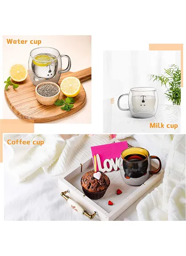 250ml Yellow Drinking Double Glass Cartoon Bear Shape Cup For Espresso, Tea &amp; Coffee With Handle 