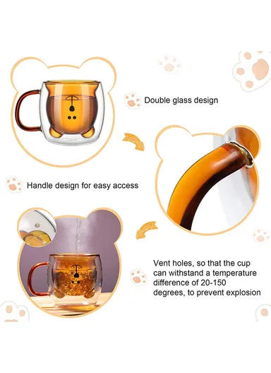 250ml Yellow Drinking Double Glass Cartoon Bear Shape Cup For Espresso, Tea &amp; Coffee With Handle 