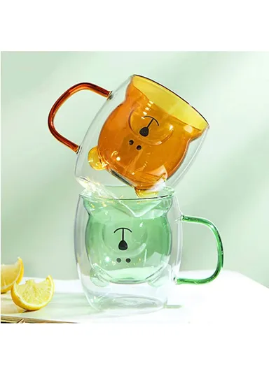 250ml Yellow Drinking Double Glass Cartoon Bear Shape Cup For Espresso, Tea &amp; Coffee With Handle 