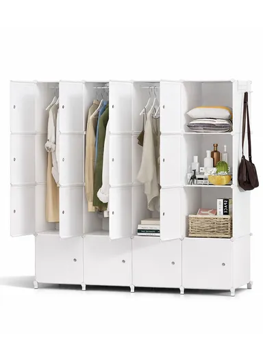 4 Shelves 16 Cubes DIY Clothing Mixed Colors Plastic Storage Cabinet with 3 Hanging Rods (W140 x D35 x H140)cm - White