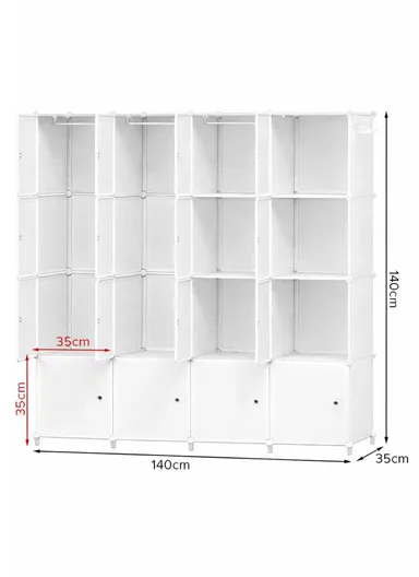 4 Shelves 16 Cubes DIY Clothing Mixed Colors Plastic Storage Cabinet with 3 Hanging Rods (W140 x D35 x H140)cm - White