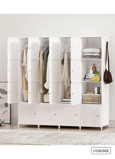 4 Shelves 16 Cubes DIY Clothing Mixed Colors Plastic Storage Cabinet with 3 Hanging Rods (W140 x D35 x H140)cm - White