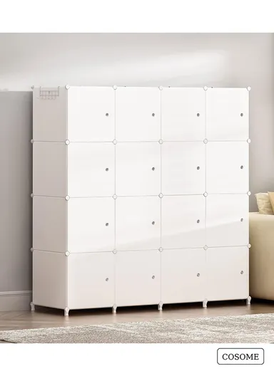 4 Shelves 16 Cubes DIY Clothing Mixed Colors Plastic Storage Cabinet with 3 Hanging Rods (W140 x D35 x H140)cm - White
