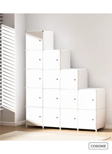 4 Shelves 16 Cubes DIY Clothing Mixed Colors Plastic Storage Cabinet with 3 Hanging Rods (W140 x D35 x H140)cm - White