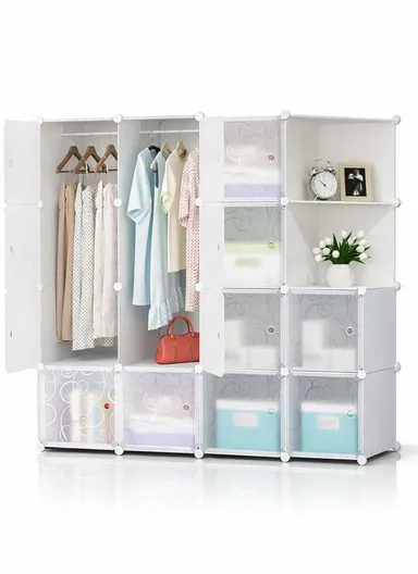 4 Shelves 14 Cubes DIY Clothing Mixed Colors Plastic Storage Cabinet (W140 x D35 x H140)cm - White 