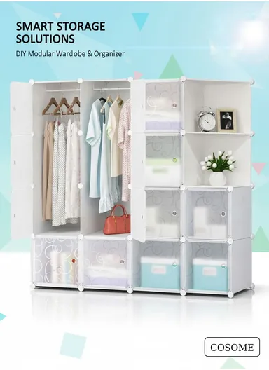 4 Shelves 14 Cubes DIY Clothing Mixed Colors Plastic Storage Cabinet (W140 x D35 x H140)cm - White 