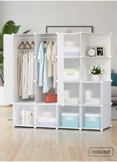 4 Shelves 14 Cubes DIY Clothing Mixed Colors Plastic Storage Cabinet (W140 x D35 x H140)cm - White 