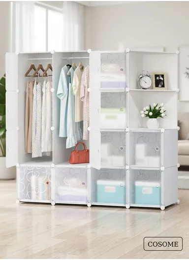 4 Shelves 14 Cubes DIY Clothing Mixed Colors Plastic Storage Cabinet (W140 x D35 x H140)cm - White 