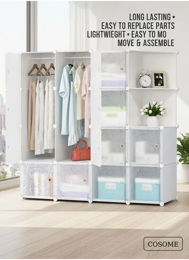4 Shelves 14 Cubes DIY Clothing Mixed Colors Plastic Storage Cabinet (W140 x D35 x H140)cm - White 