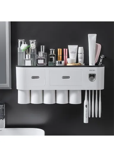 5 Cups Bathrooms Wall Mounted Toothbrush Holder with Toothpaste Dispenser, 5 Brush Slot, 2 Drawer (L48.7 x W21.1 x H10)cm - Black