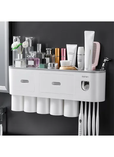 5 Cups Bathrooms Wall Mounted Toothbrush Holder with Toothpaste Dispenser, 5 Brush Slot, 2 Drawer (L48.7 x W21.1 x H10)cm - Black