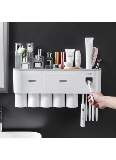 5 Cups Bathrooms Wall Mounted Toothbrush Holder with Toothpaste Dispenser, 5 Brush Slot, 2 Drawer (L48.7 x W21.1 x H10)cm - Black