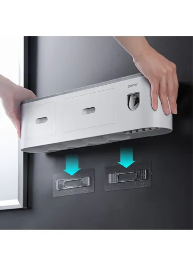 5 Cups Bathrooms Wall Mounted Toothbrush Holder with Toothpaste Dispenser, 5 Brush Slot, 2 Drawer (L48.7 x W21.1 x H10)cm - Black