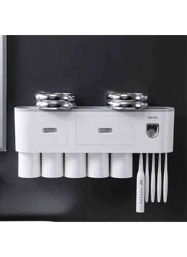 5 Cups Bathrooms Wall Mounted Toothbrush Holder with Toothpaste Dispenser, 5 Brush Slot, 2 Drawer (L48.7 x W21.1 x H10)cm - Black