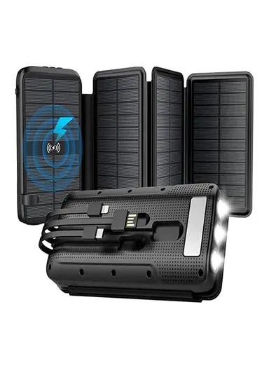 20W 16000mAh Waterproof Foldable &amp; Portable Solar Panel Wireless Charging Power Bank With Built-in Lightning, Type-C &amp; USB Cable PD SY-L3S4W - Black