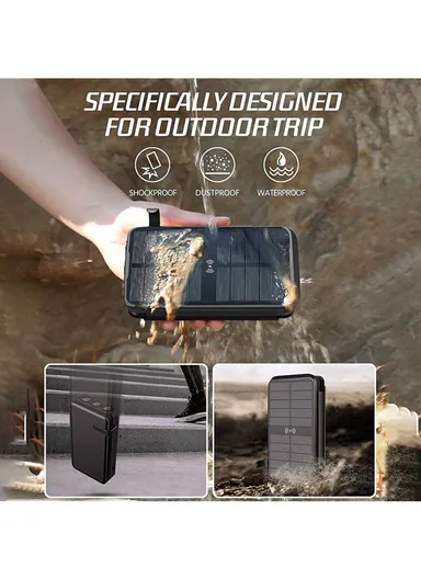 20W 16000mAh Waterproof Foldable &amp; Portable Solar Panel Wireless Charging Power Bank With Built-in Lightning, Type-C &amp; USB Cable PD SY-L3S4W - Black