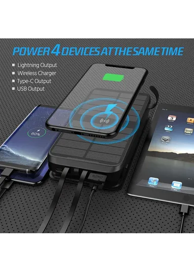 20W 16000mAh Waterproof Foldable &amp; Portable Solar Panel Wireless Charging Power Bank With Built-in Lightning, Type-C &amp; USB Cable PD SY-L3S4W - Black