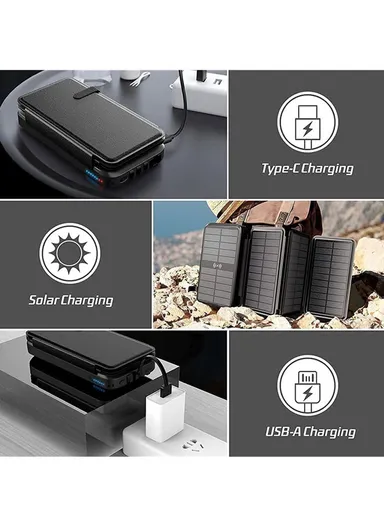 20W 16000mAh Waterproof Foldable &amp; Portable Solar Panel Wireless Charging Power Bank With Built-in Lightning, Type-C &amp; USB Cable PD SY-L3S4W - Black