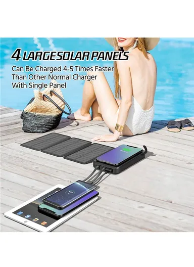 20W 16000mAh Waterproof Foldable &amp; Portable Solar Panel Wireless Charging Power Bank With Built-in Lightning, Type-C &amp; USB Cable PD SY-L3S4W - Black