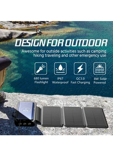 20W 16000mAh Waterproof Foldable &amp; Portable Solar Panel Wireless Charging Power Bank With Built-in Lightning, Type-C &amp; USB Cable PD SY-L3S4W - Black