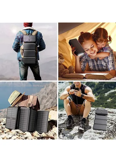 20W 16000mAh Waterproof Foldable &amp; Portable Solar Panel Wireless Charging Power Bank With Built-in Lightning, Type-C &amp; USB Cable PD SY-L3S4W - Black